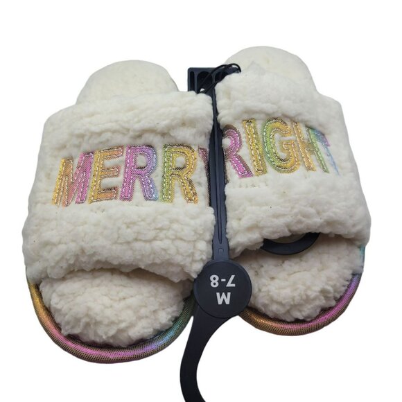 Slippers Merry Bright Sherpa Memory Foam Pink Rainbow Womens M 7 8 New Slide - Picture 8 of 8